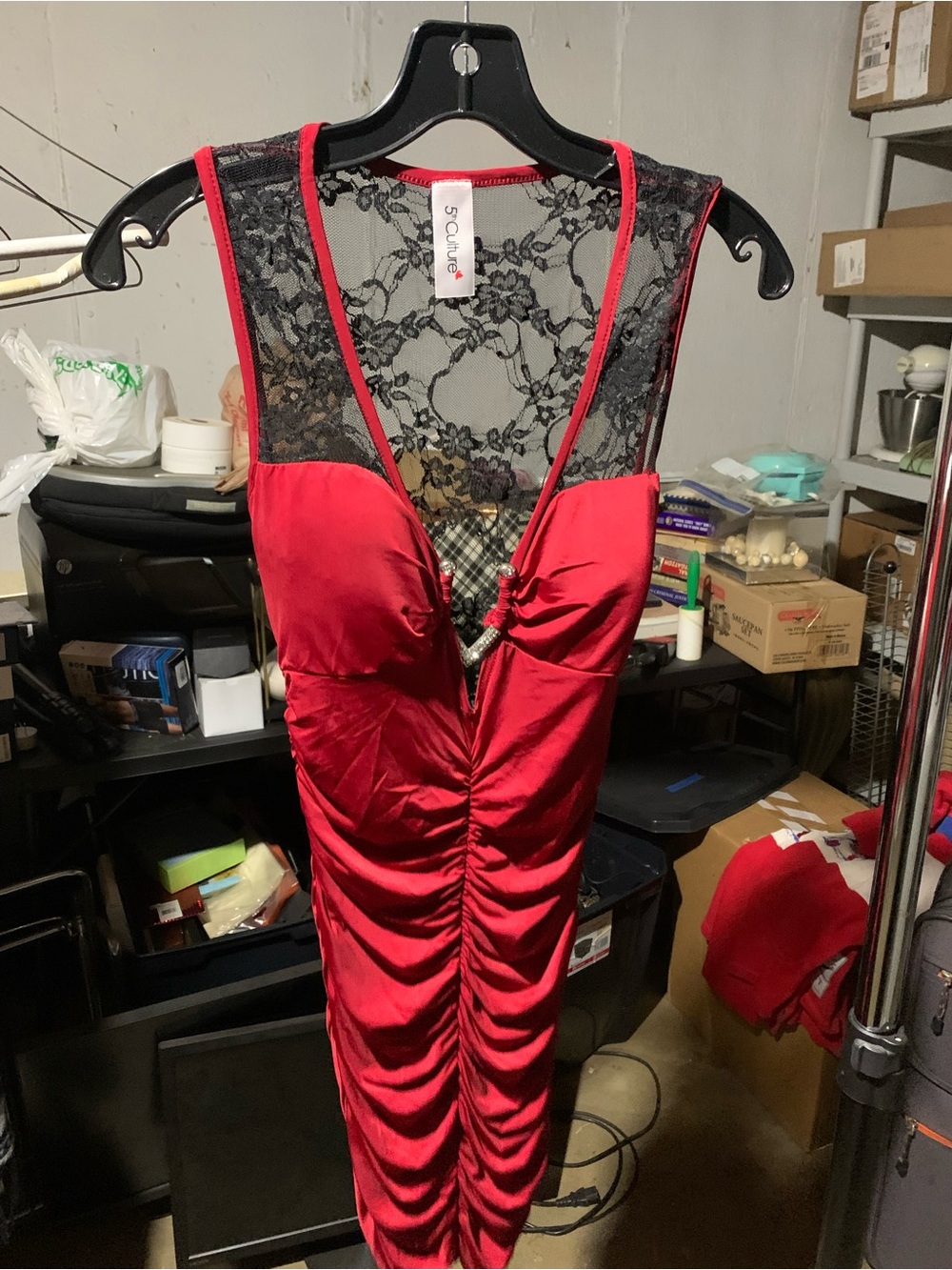 5th Culture Red Satin & Black Lace Ruched Chemise